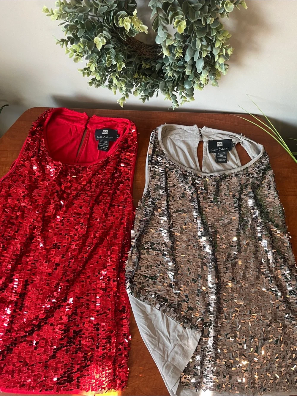 BOTH Sequin Party Tops Red & Silver Confetti Sequins Club Wear Drape Neck - Picture 13 of 15